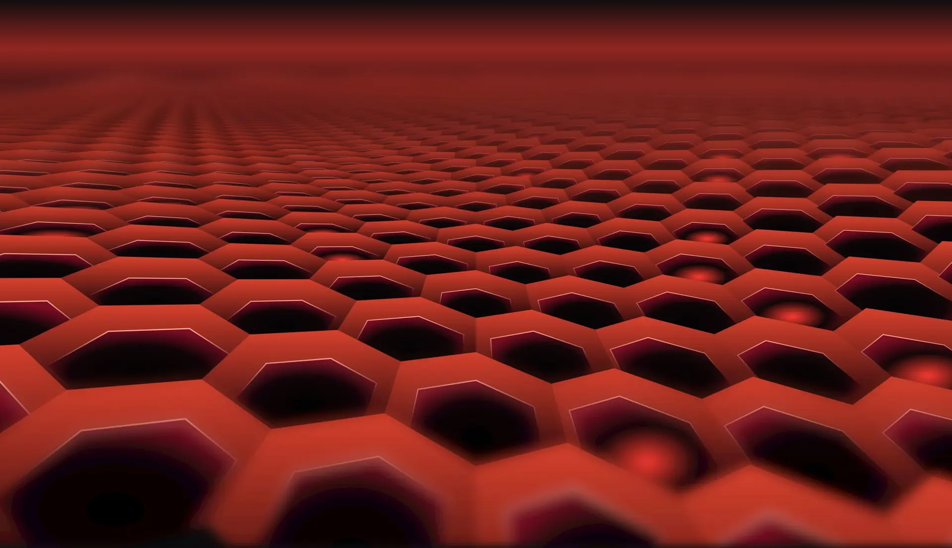 Render of a hydrogel scaffold: a lattice of hexagonal pores lit red, with a few pores glowing where cells sit.